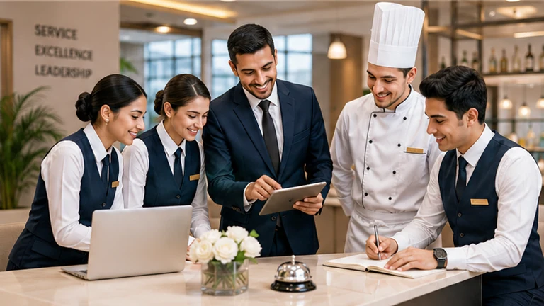 Illustrative scene of hospitality learners and a chef reviewing a tablet at a hotel-style training counter.