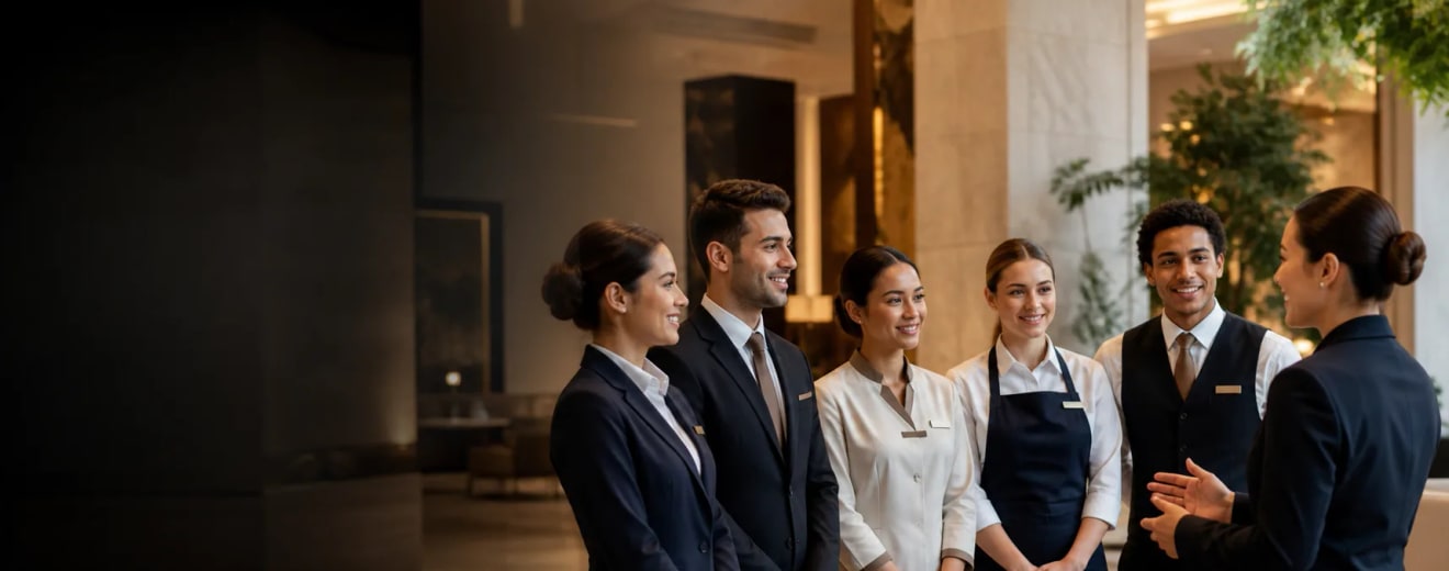 Hospitality colleagues gathered in a hotel lobby