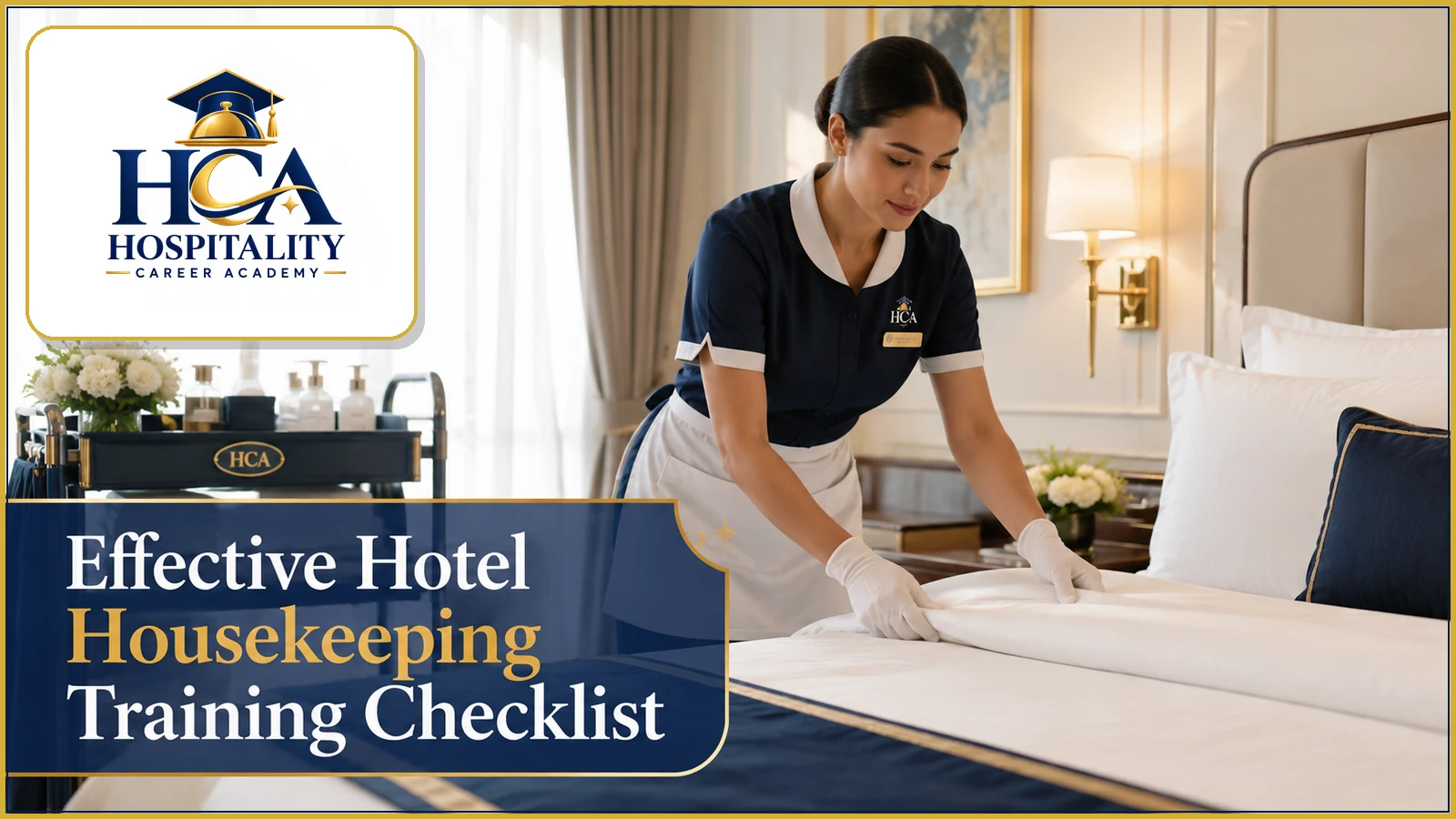 A room attendant preparing a clean hotel room with the HCA logo and article title overlay.