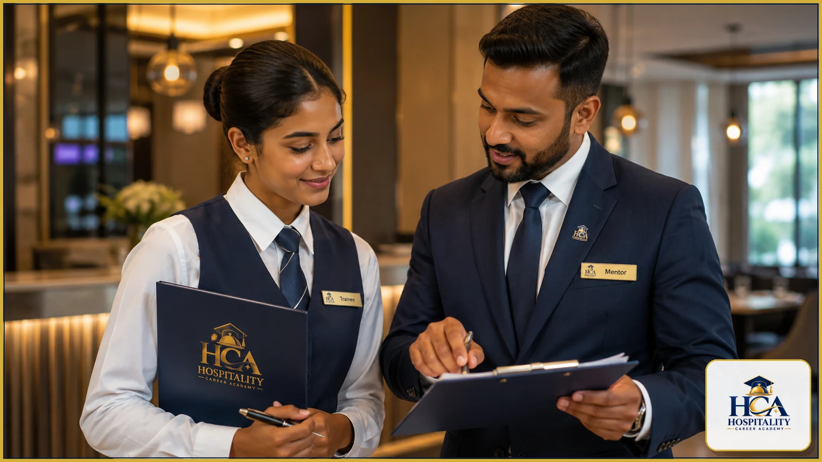 Coaching and feedback in hospitality A supervisor giving constructive feedback to a hospitality employee during work.