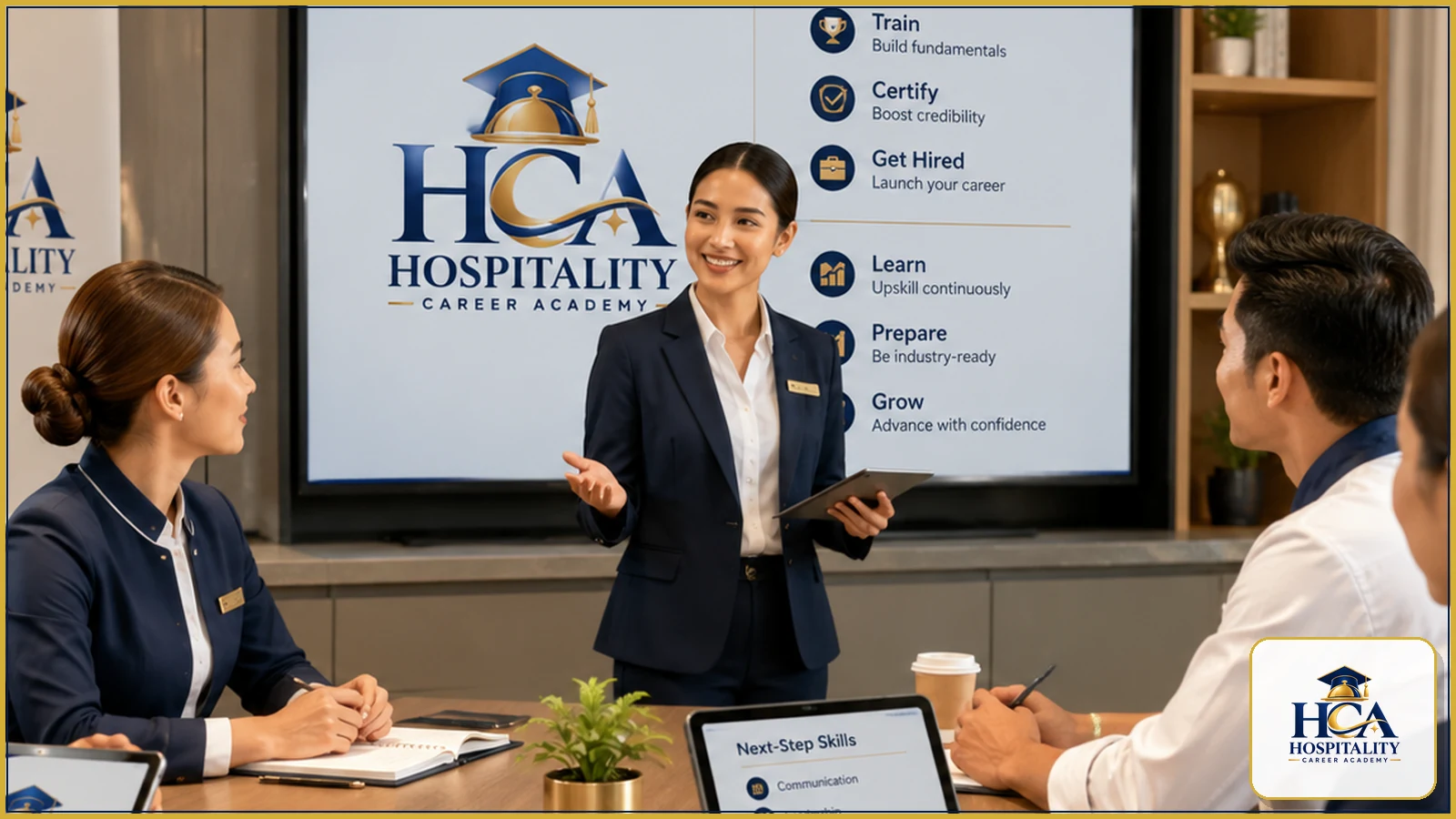 Knowledge sharing in hospitality A hospitality manager mentoring a colleague in a professional hotel environment, with the HCA logo.