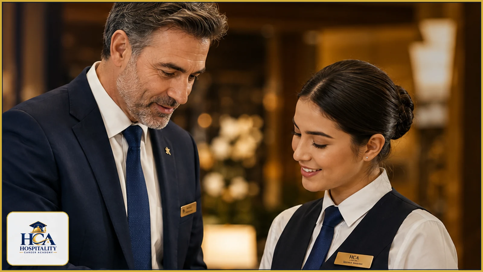 Developing future hospitality leaders An experienced hospitality leader guiding a younger employee using a tablet, with the HCA logo.