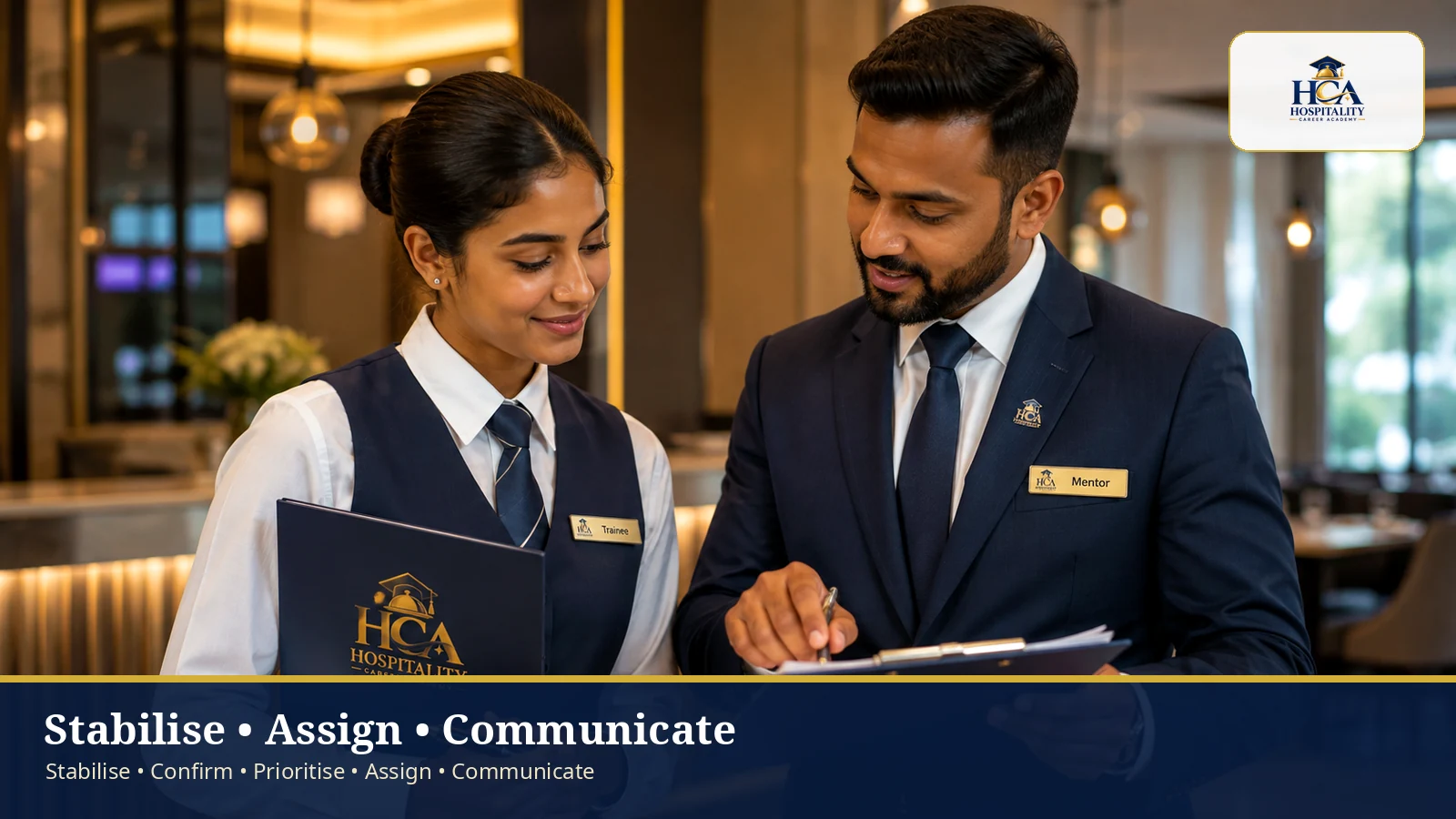 Calm coordination under pressure Hospitality leaders coordinating a busy operation and reviewing next actions, with the official HCA logo.