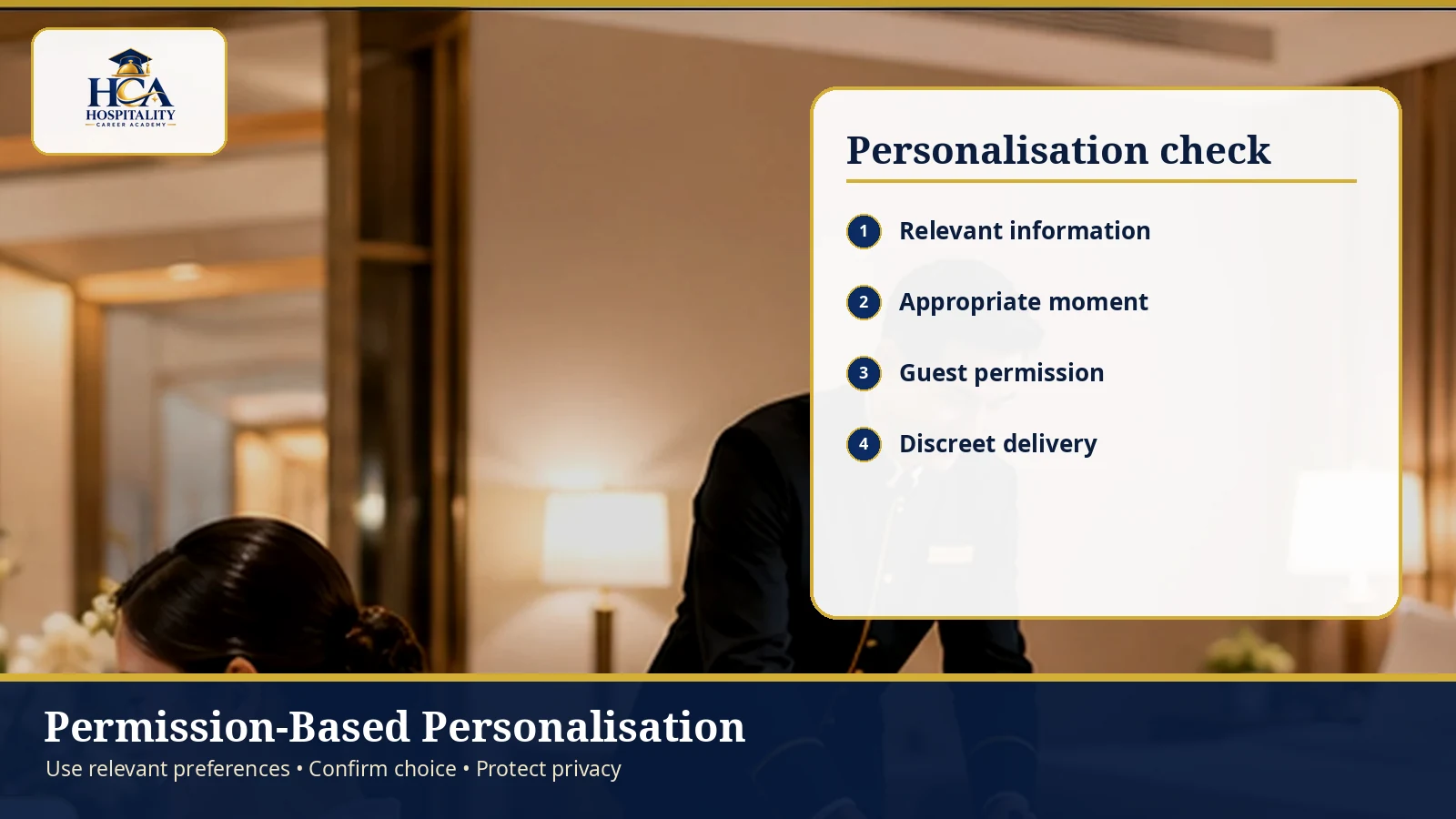 Permission-Based Personalisation Luxury hospitality scene beside a four-point personalisation check and official HCA logo.