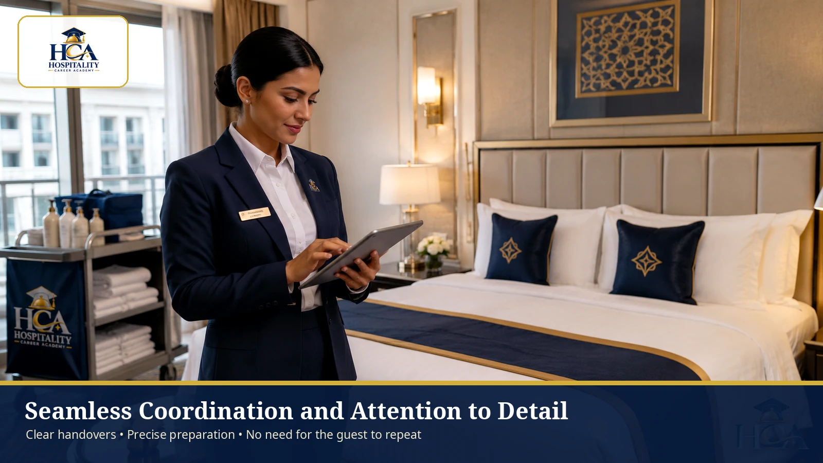 Seamless Coordination and Attention to Detail Luxury room supervisor checking preparation beside an HCA-branded trolley and official logo.
