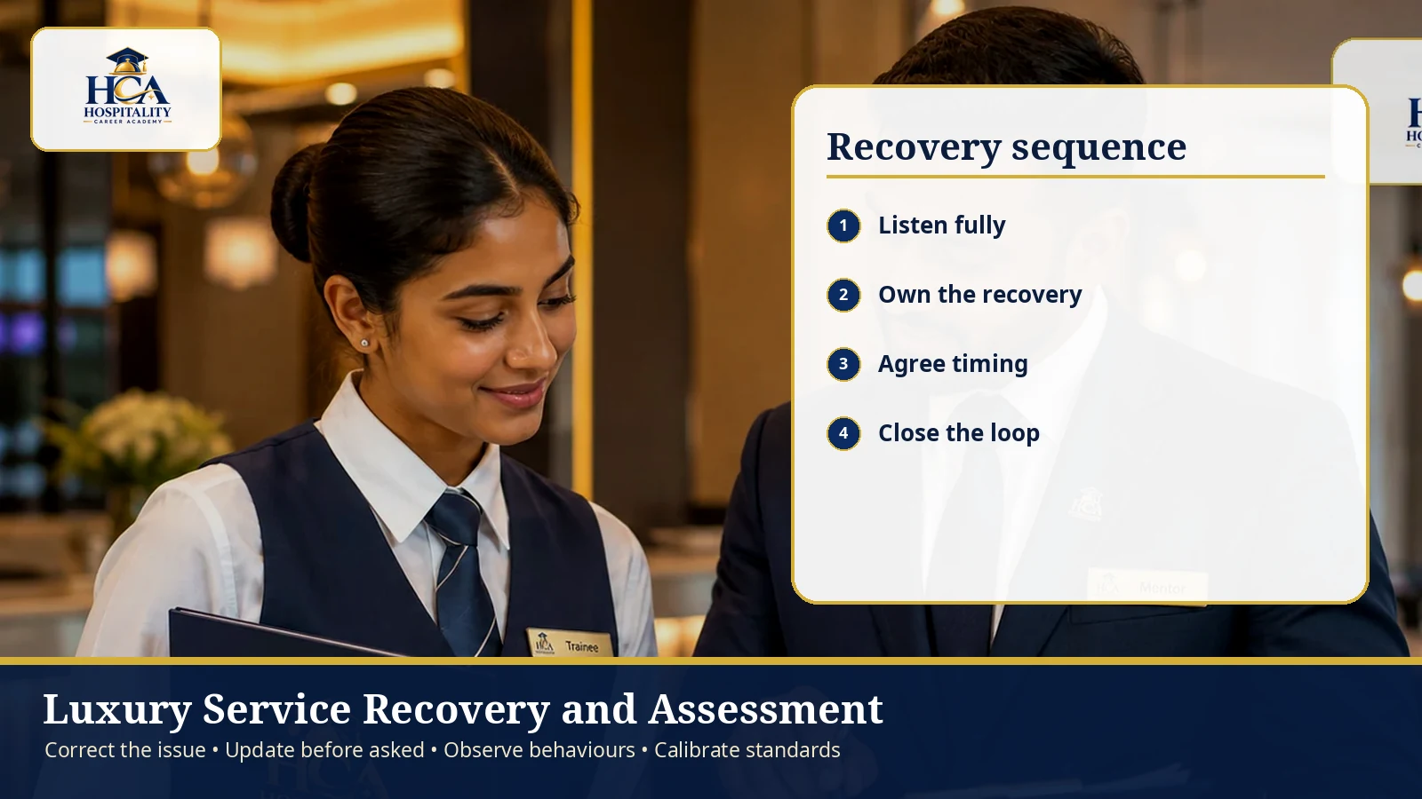 Luxury Service Recovery and Assessment Hospitality mentor and employee beside a luxury-recovery sequence, with the official HCA logo.