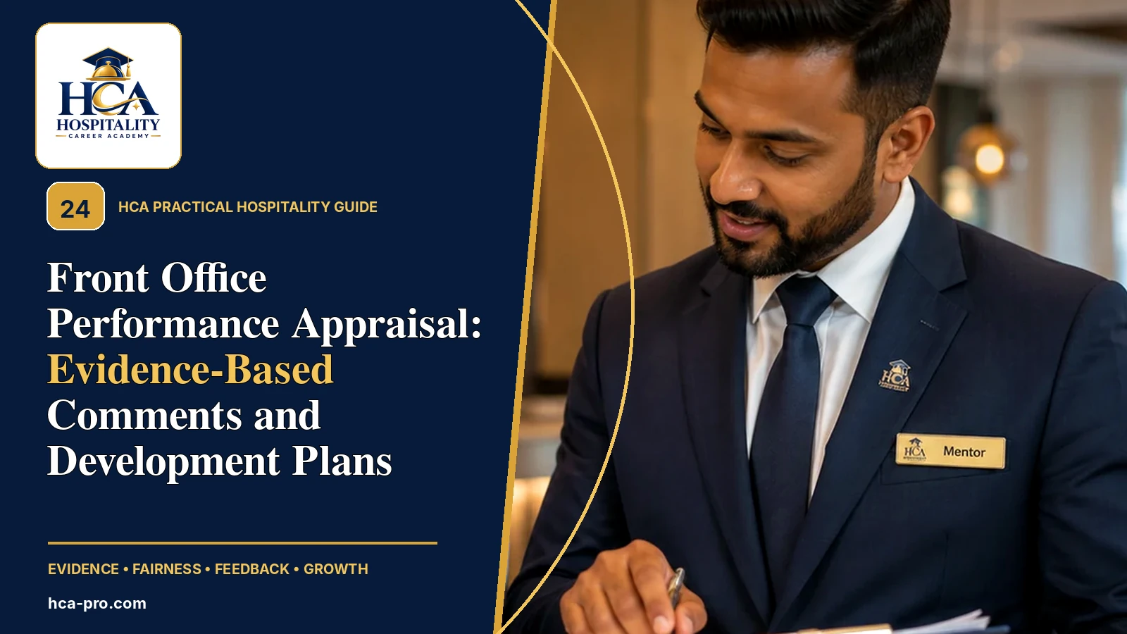 مدير استقبال يجري تقييماً مهنياً مبنياً على الأدلة مع شعار HCA الرسمي وعنوان المقال كاملاً.