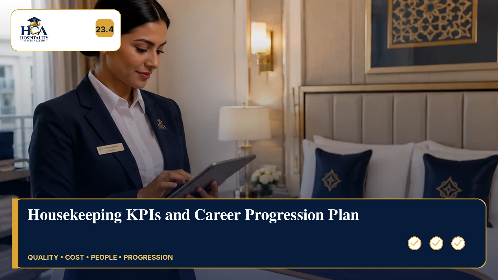 Housekeeping KPIs and Career Progression Plan An executive housekeeper reviewing quality KPIs and a 12-month progression plan on a tablet, with the official HCA logo.