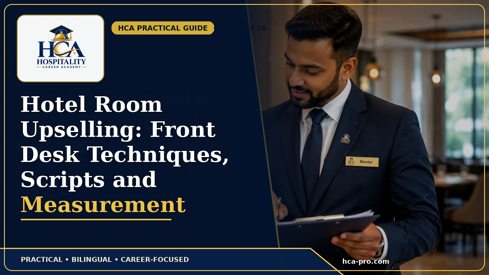 موظف استقبال يقدم خيار ترقية مناسباً لنزيل مع شعار HCA الرسمي وعنوان المقال كاملاً.