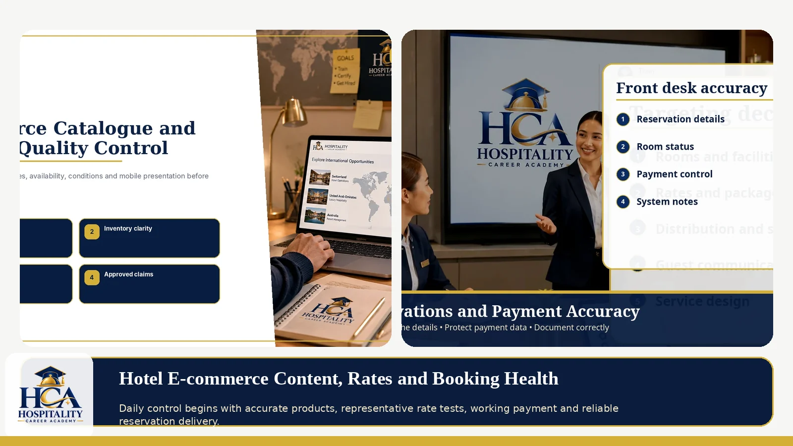 صحة المحتوى والأسعار والحجز الفندقي فرق فندقية تفحص محتوى الغرف والأسعار ووصول الحجوزات عبر الأنظمة الرقمية مع شعار HCA الدقيق.
