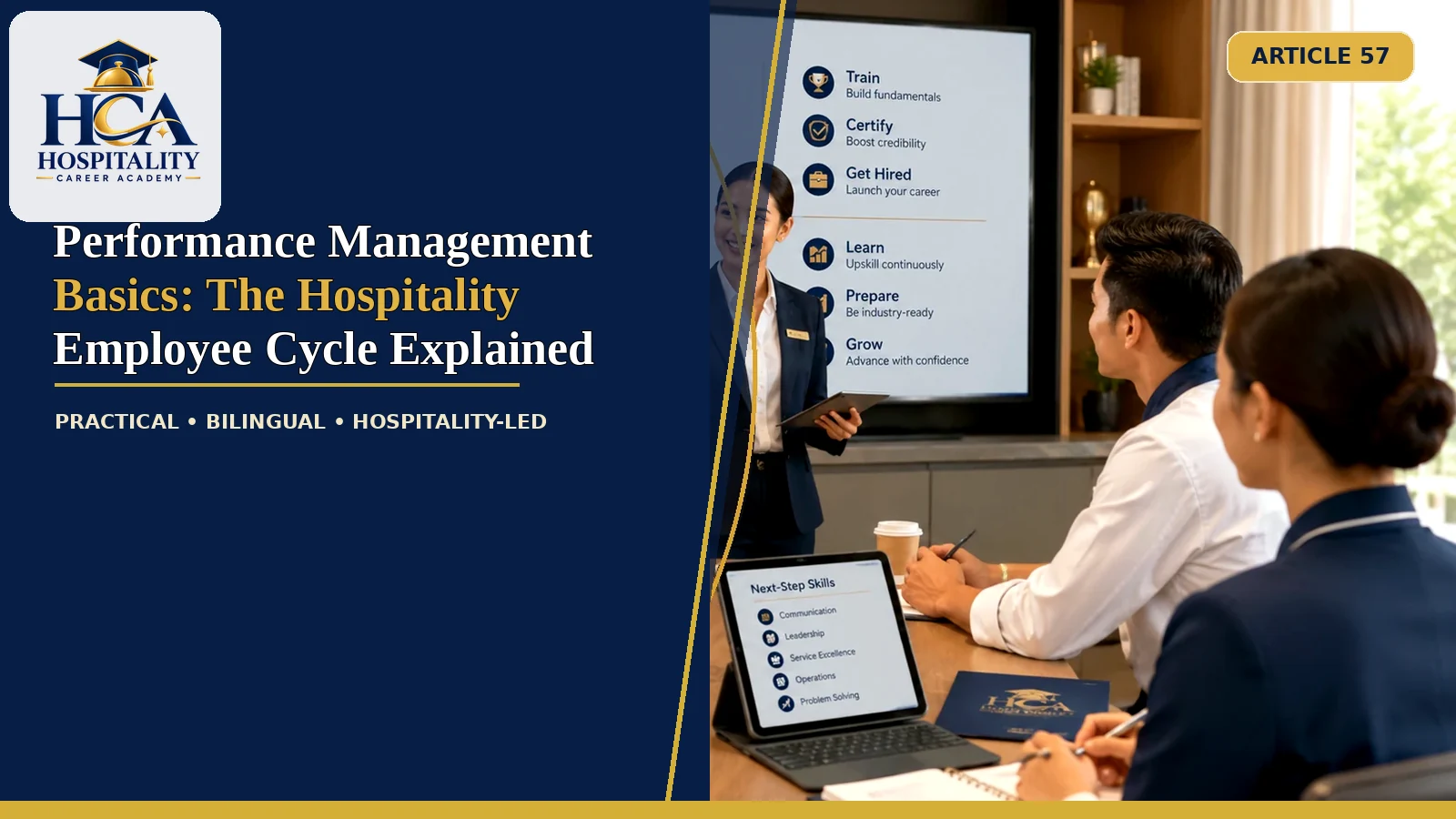 A hospitality supervisor explaining the employee performance cycle, with the exact HCA logo and complete article title.