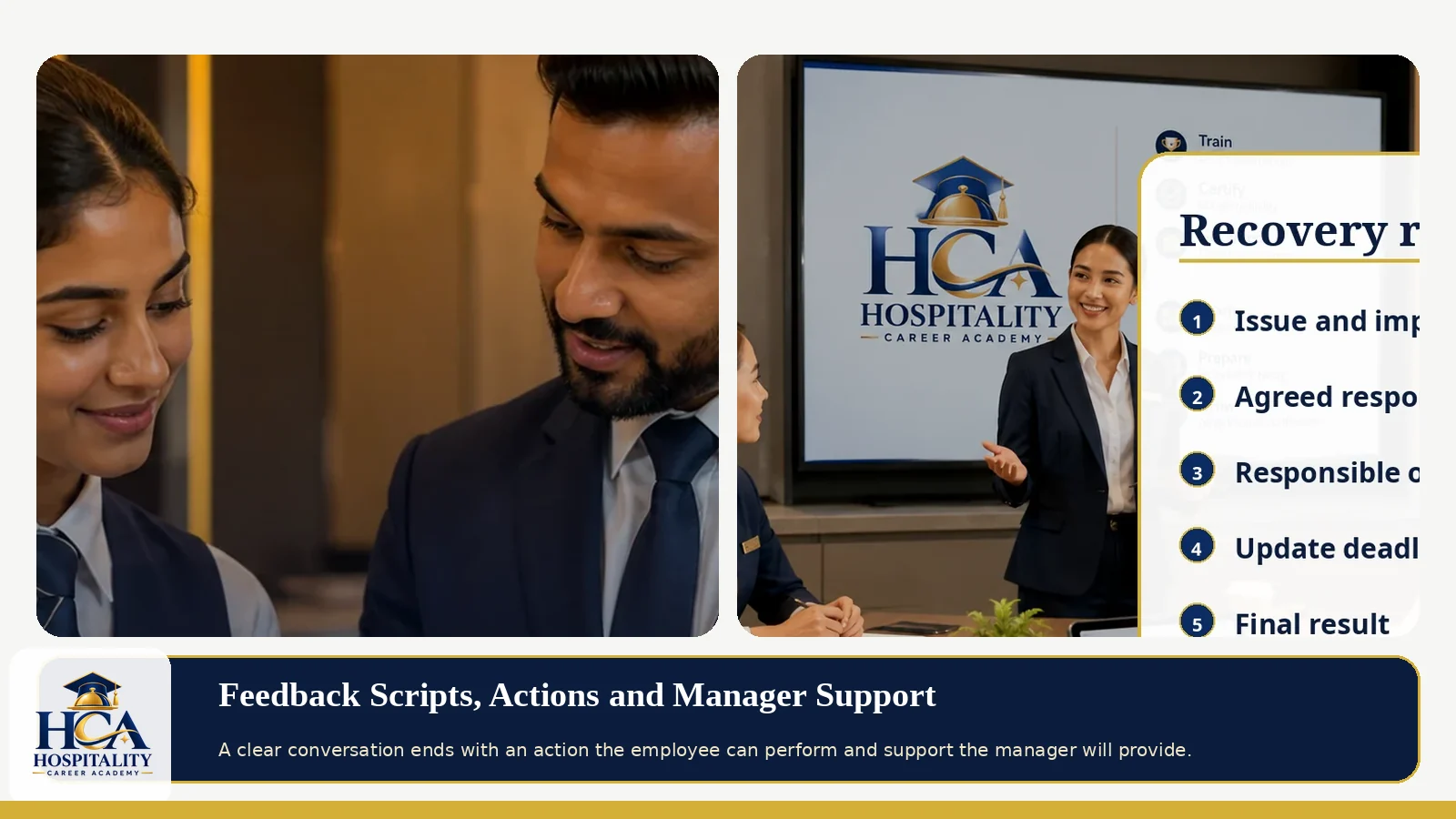 Feedback Scripts, Actions and Manager Support Hospitality supervisors practising feedback scripts and assigning supported actions, with the exact HCA logo.
