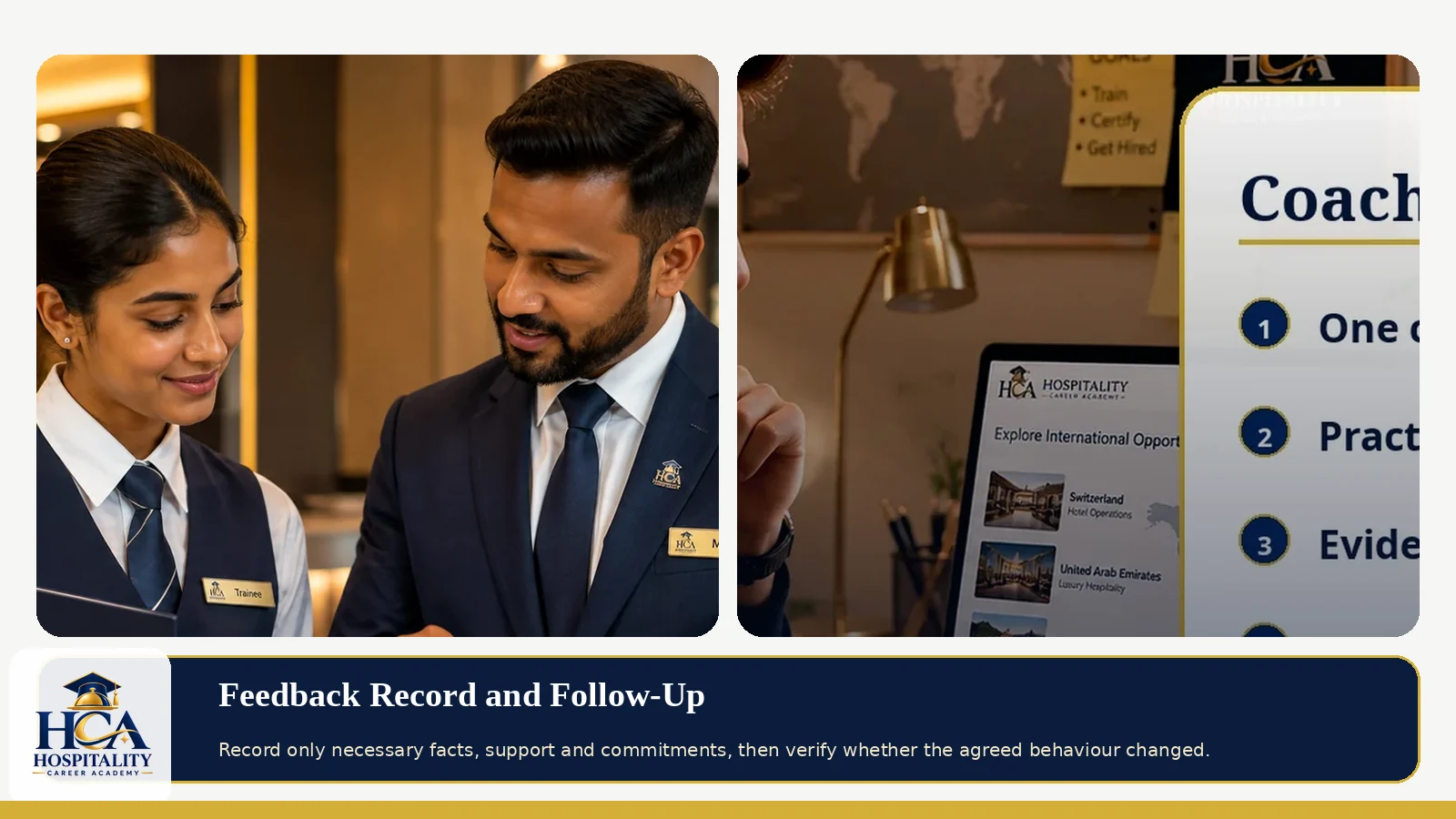 Feedback Record and Follow-Up Hospitality employees closing a feedback action with evidence and a review date, with the exact HCA logo.