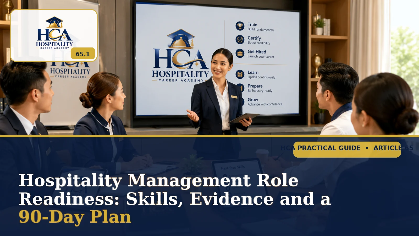 مشرف ضيافة يقود نقاشاً حول الجاهزية الإدارية مع فريق وشعار HCA الدقيق وعنوان المقال كاملاً.