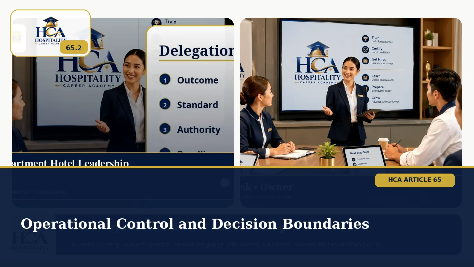 Operational Control and Decision Boundaries A hospitality supervisor explaining shift priorities, authority and operational controls, with the exact HCA logo.