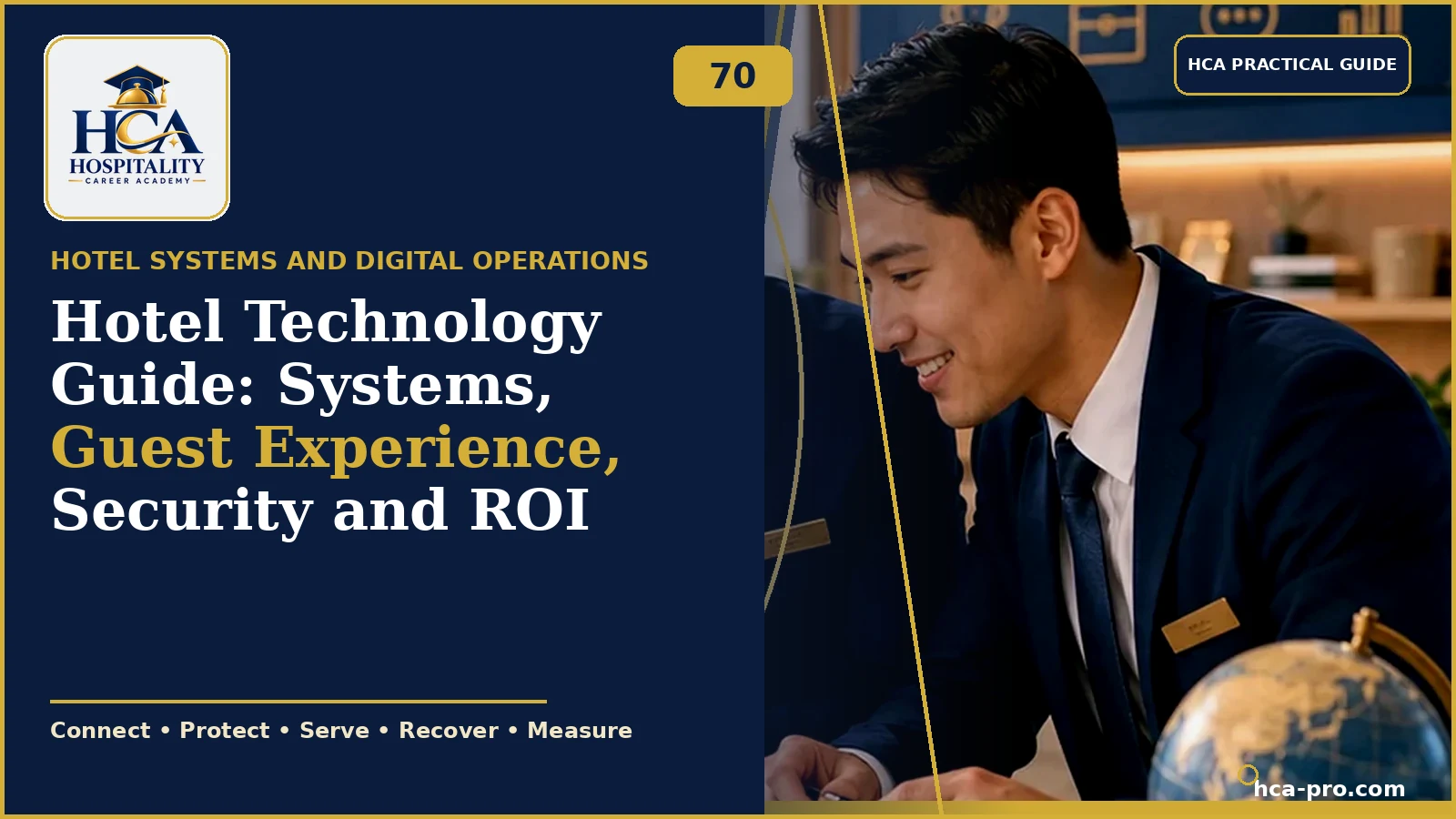 Hotel professional reviewing digital systems and performance, with the exact HCA logo and full article title.
