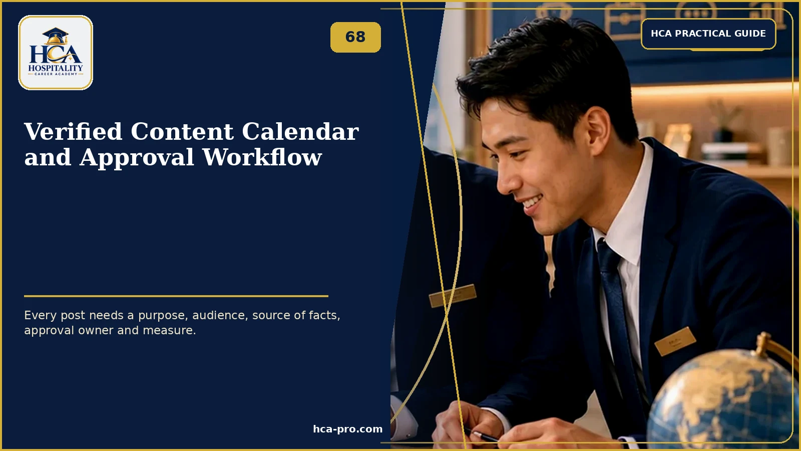 Verified Content Calendar and Approval Workflow Digital marketing specialist reviewing hotel content, products and campaign details, with the exact HCA logo.