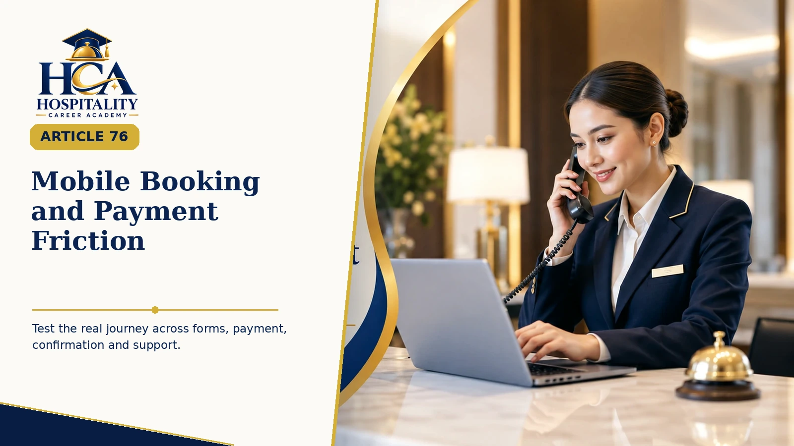 Mobile Booking and Payment Friction Hotel professional testing mobile booking support and guest communication with the exact HCA logo.