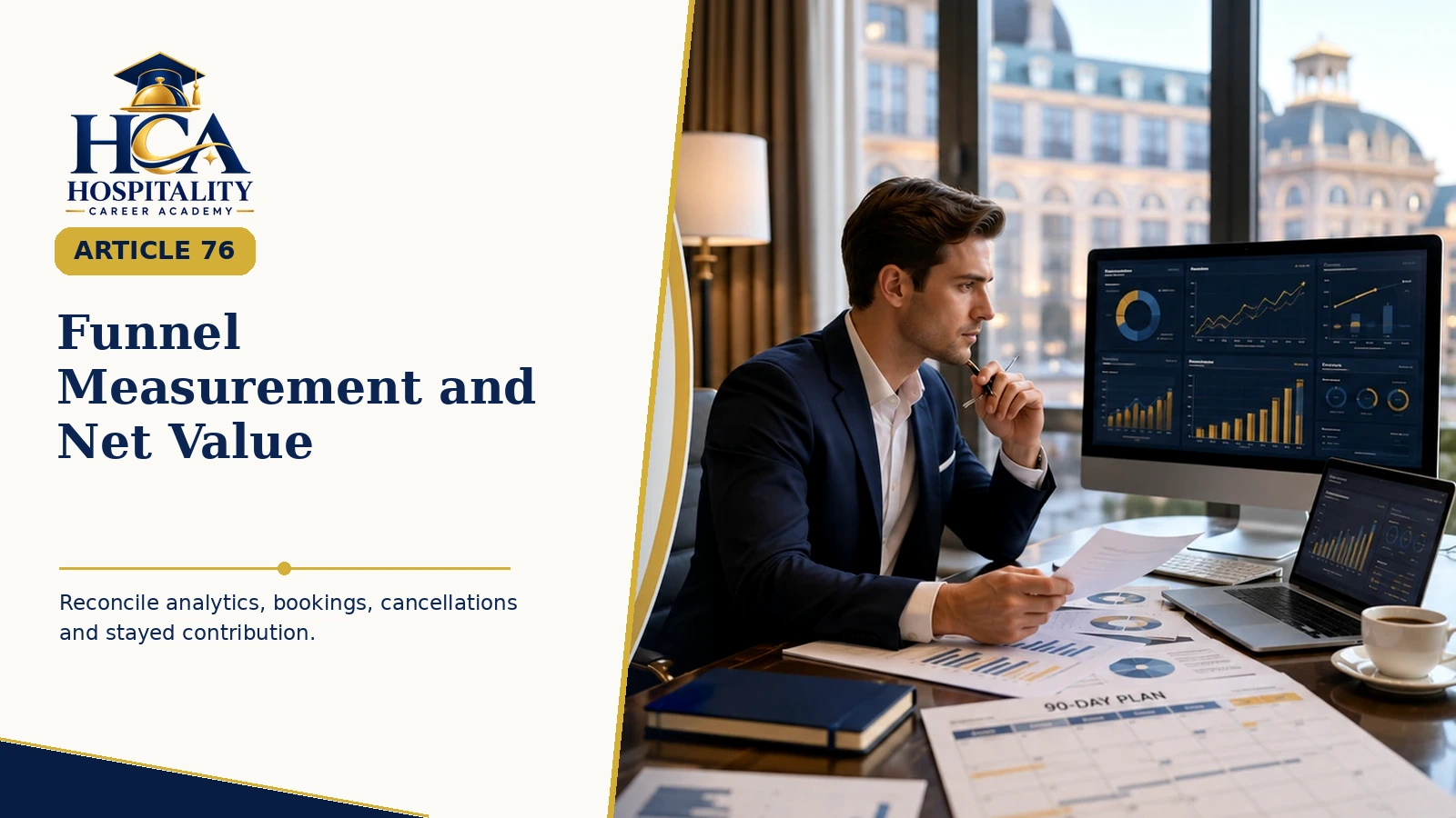Funnel Measurement and Net Value Hotel commercial analyst reconciling digital funnel and booking results with the exact HCA logo.