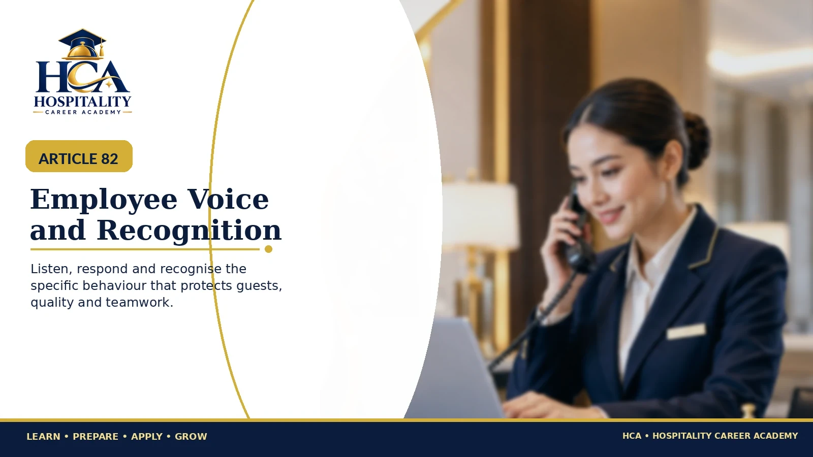 Employee Voice and Recognition Hospitality leader listening to an employee and recognising contribution with the exact HCA logo.