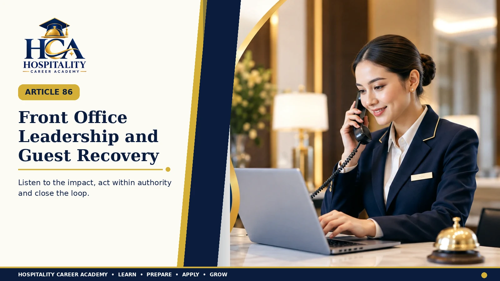 Front Office Leadership and Guest Recovery Front office professional handling service communication and follow-up with the exact HCA logo.