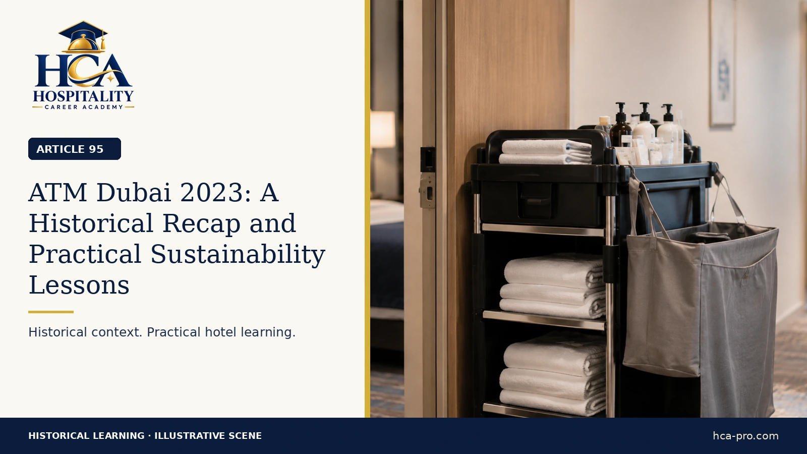 سوق السفر العربي دبي 2023: مراجعة تاريخية ودروس عملية في الاستدامة. عربة تدبير فندقي في ممر فندق.