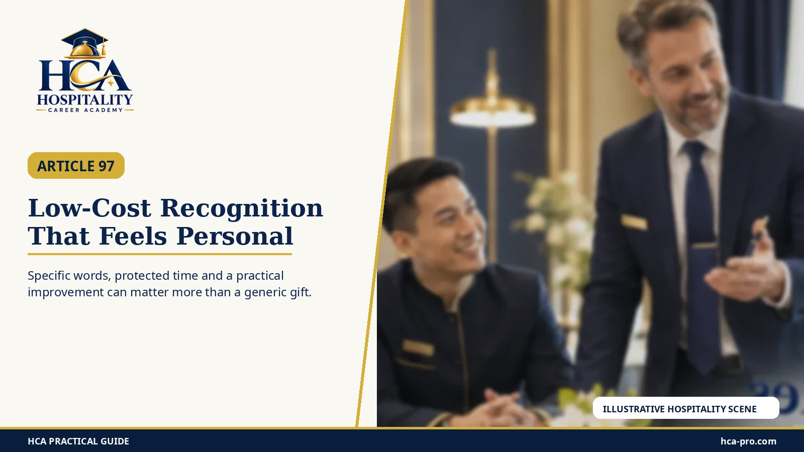 Low-Cost Recognition That Feels Personal Hospitality leader coaching and thanking a colleague in a professional setting with the exact HCA logo.
